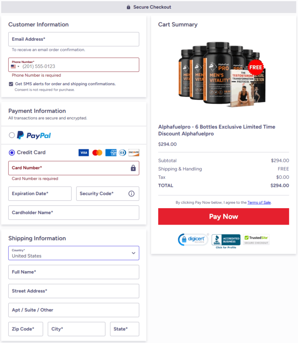 AlphaFuel Pro secure checkout page ensuring safe purchase process